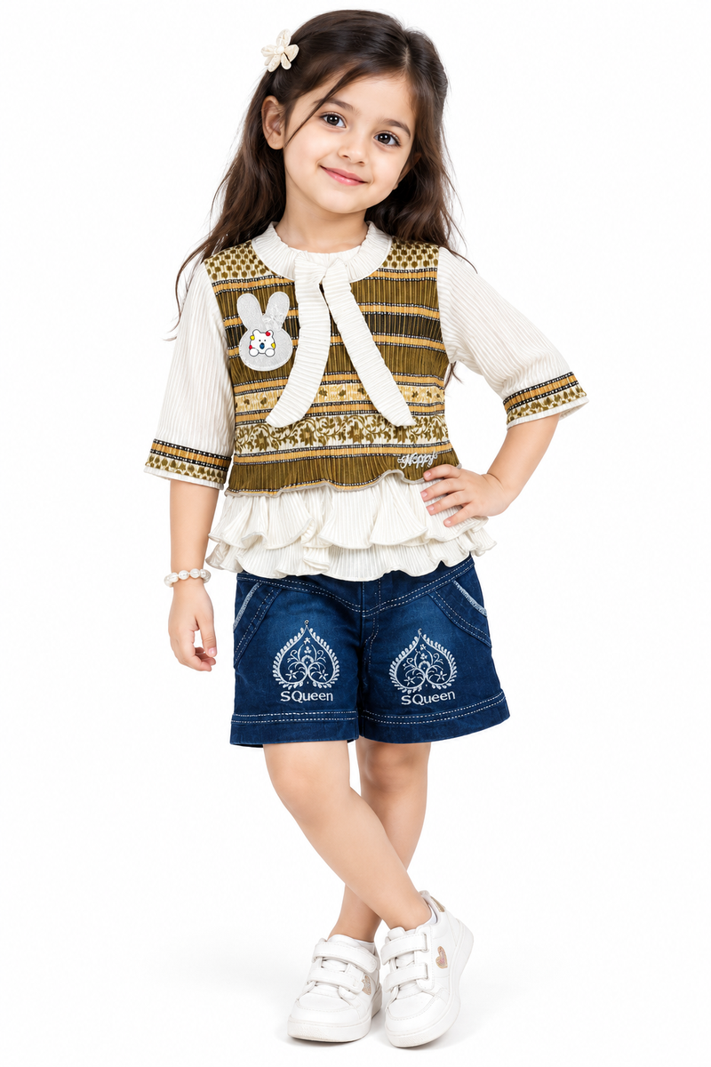 Girls Olive Green & White Top with Denim Shorts Set