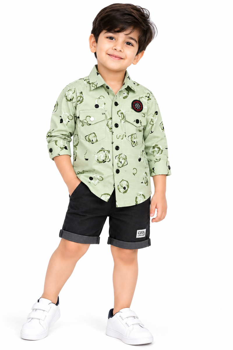 Boys Olive Green Printed Shirt with Black Shorts Set