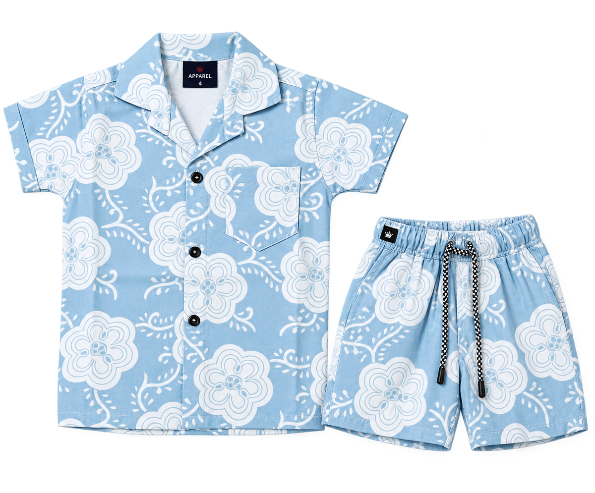 Boys Blue Floral Print Short Sleeve Shirt and Shorts Set