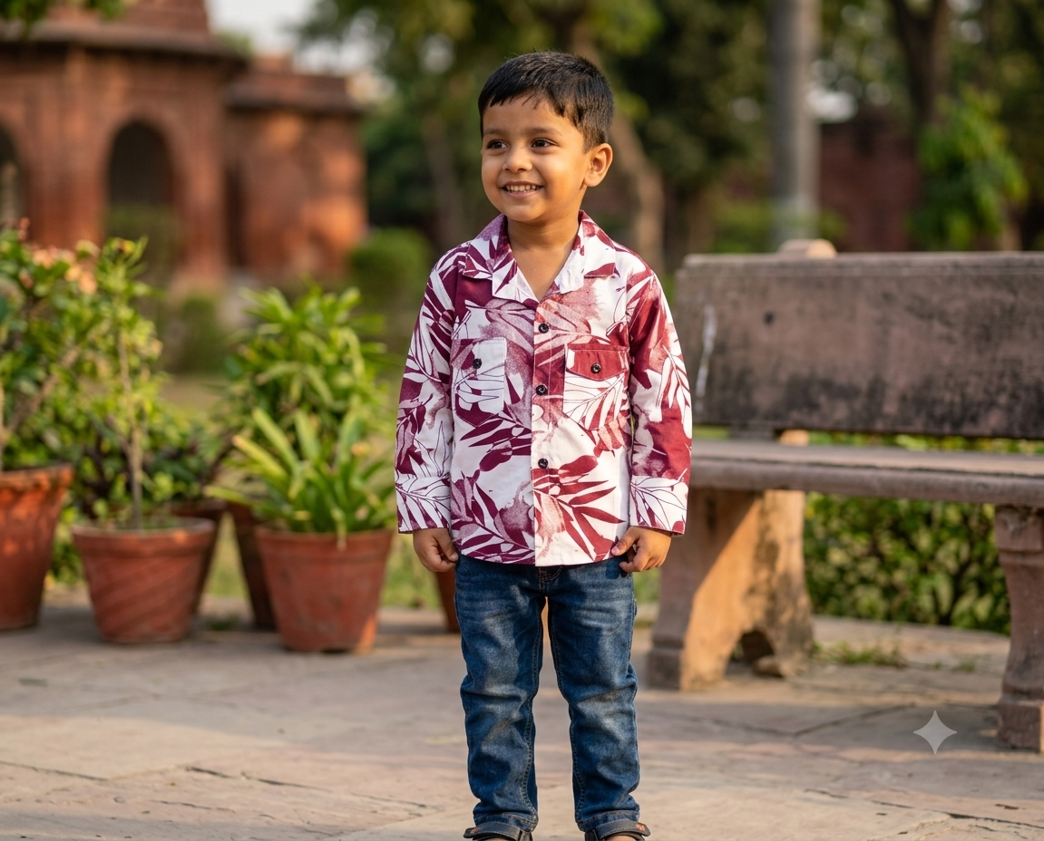 Maroon Tropical Leaf Printed Casual Shirt for Boys