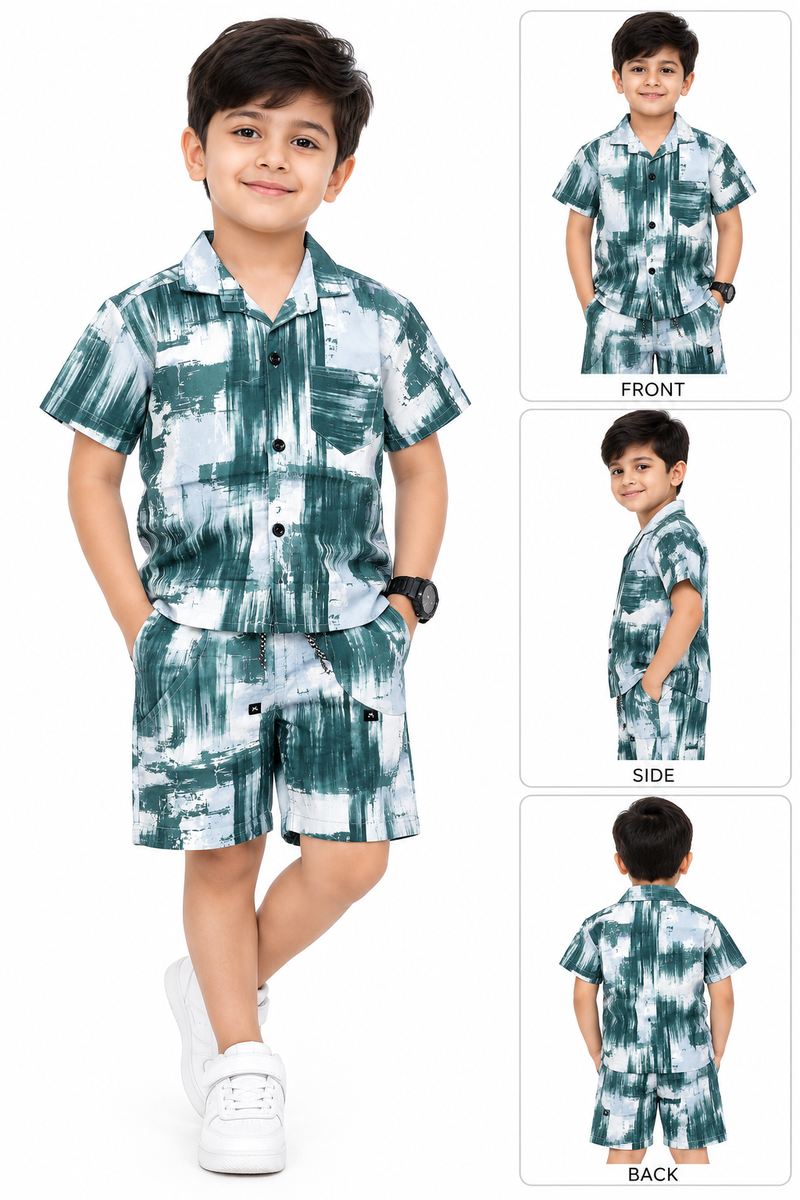 Boys Green Abstract Print Shirt and Shorts Set