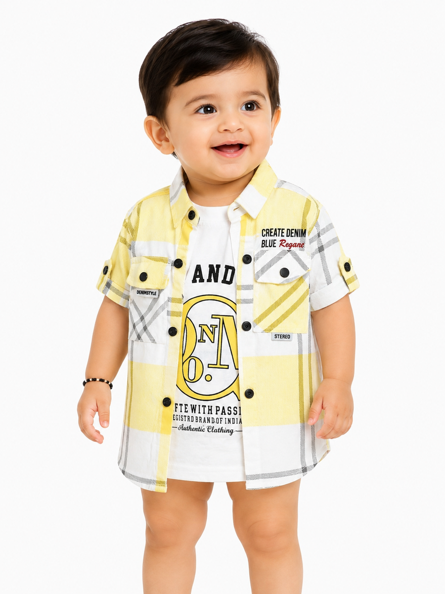 Boys Yellow Plaid Casual Shirt with Inner Tee