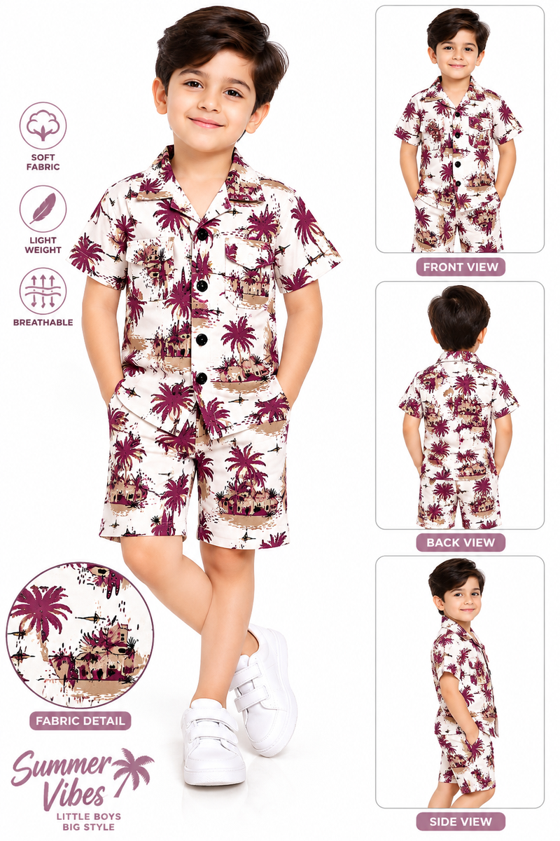 Boys Tropical Palm Print Resort Shirt and Shorts Set