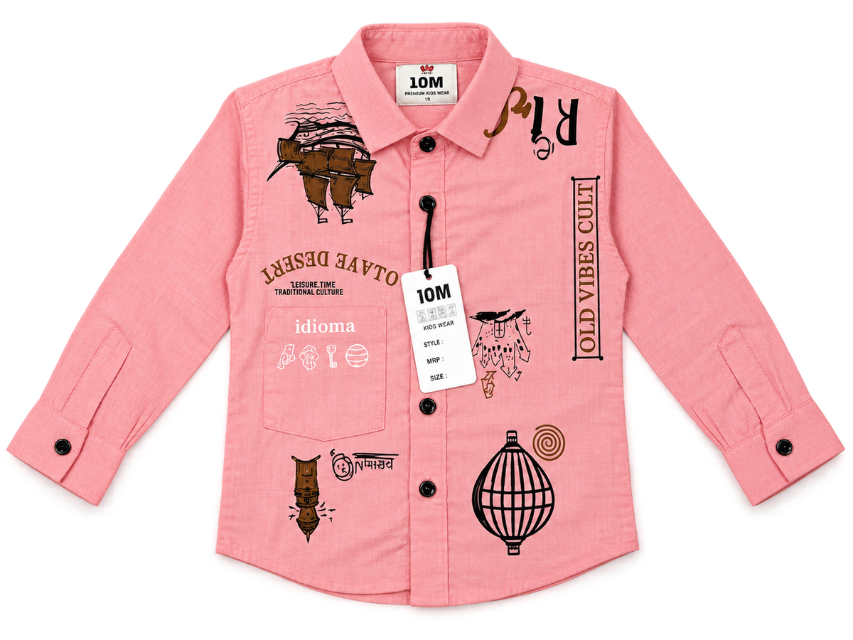 Boys Salmon Pink Graphic Print Full Sleeve Casual Shirt