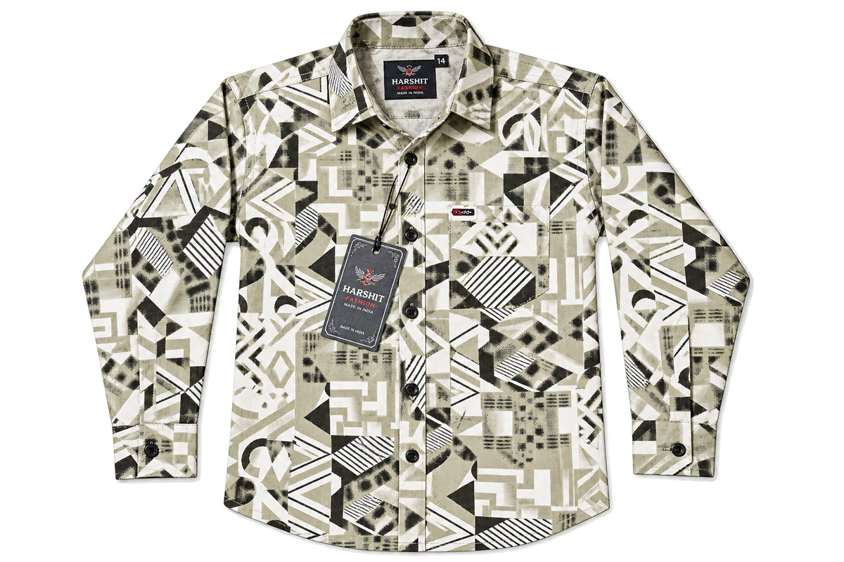 Boys Geometric Print Casual Shirt in Olive Green