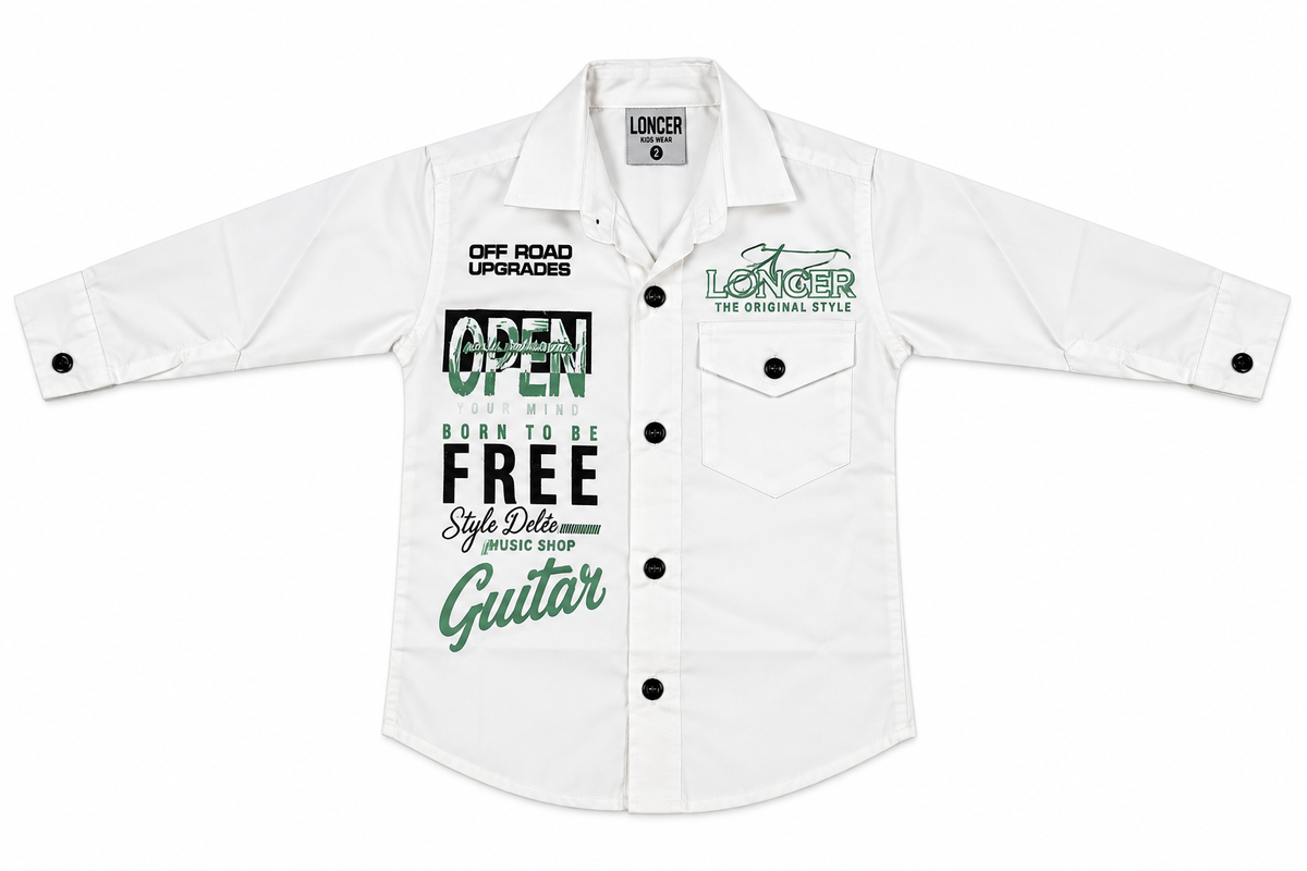 Boys White Printed Casual Shirt with Roll-Up Sleeves