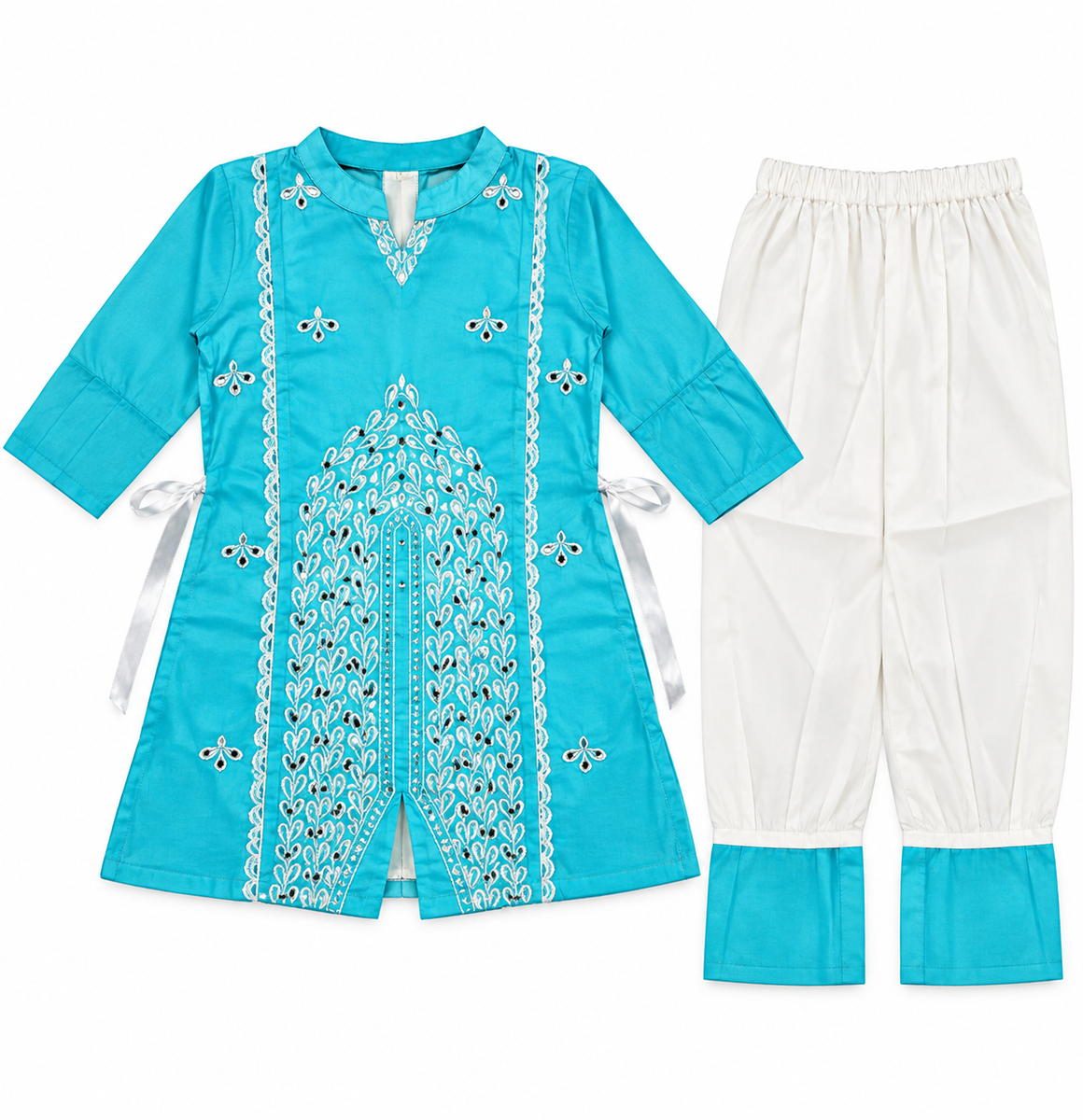 Boys Turquoise Blue Embroidered Kurta Pajama Set