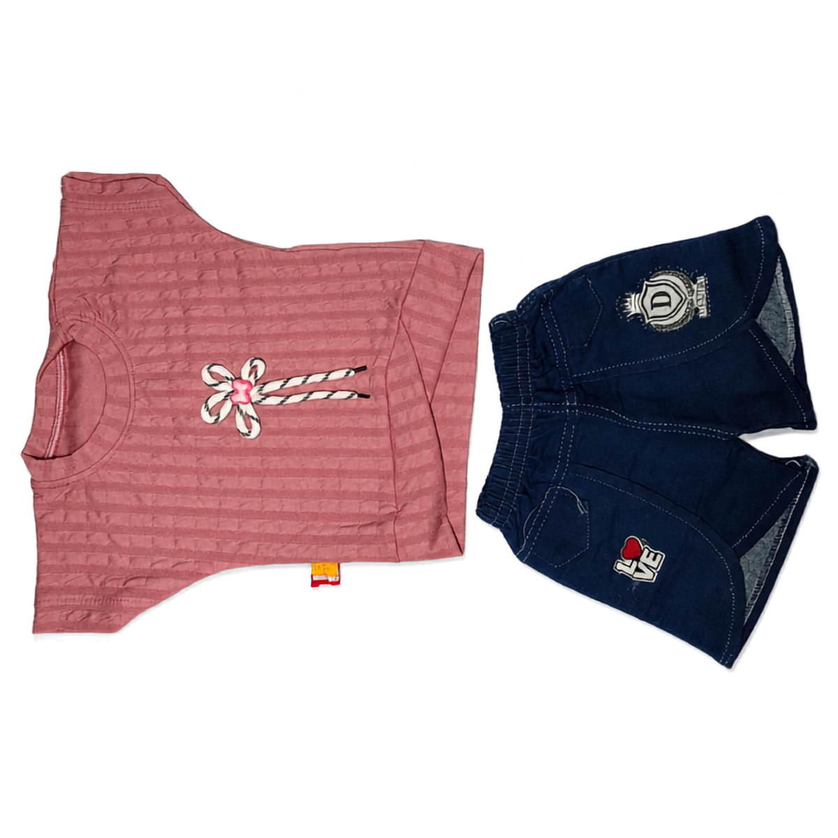 Girls Dusty Pink Textured Top and Denim Shorts Co-ord Set