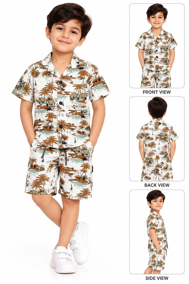 Boys Tropical Palm Print Casual Shirt and Shorts Set