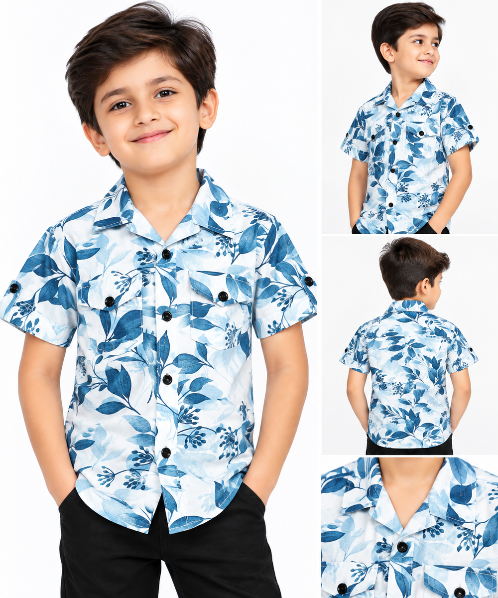 Boys Blue Tropical Leaf Print Casual Shirt