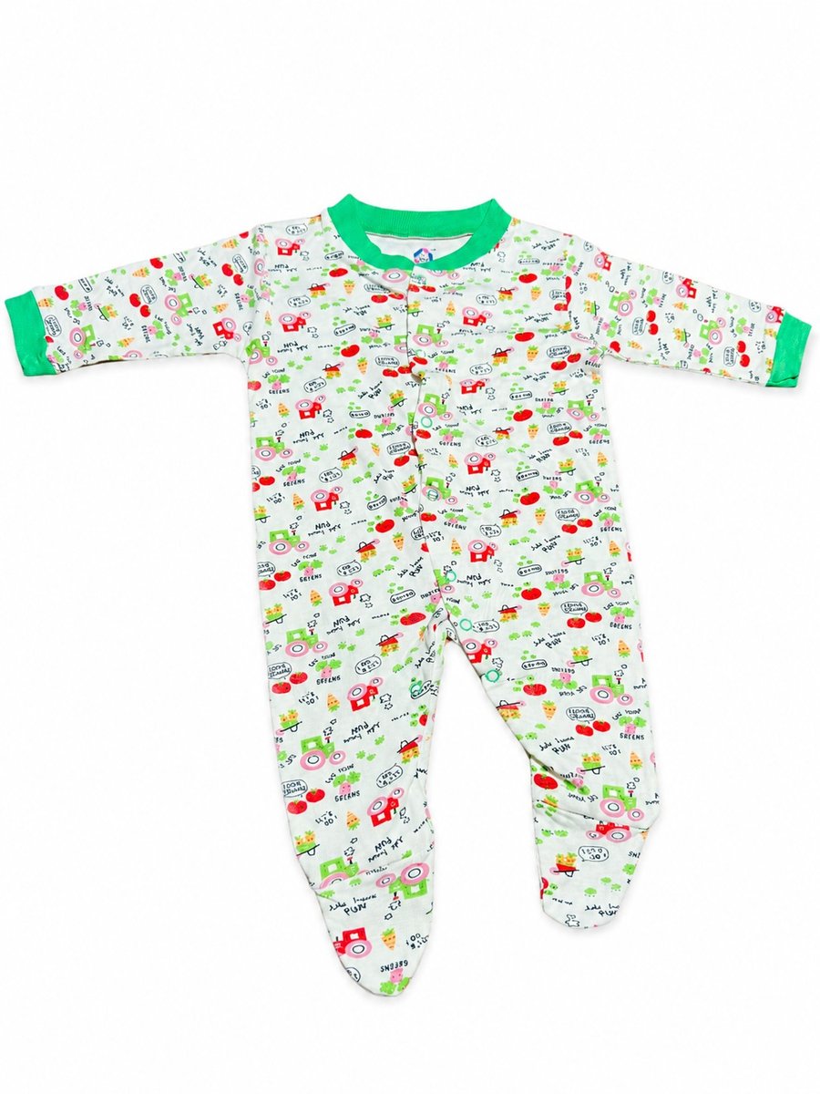 Infant Printed Cotton Romper with Feet in White and Green