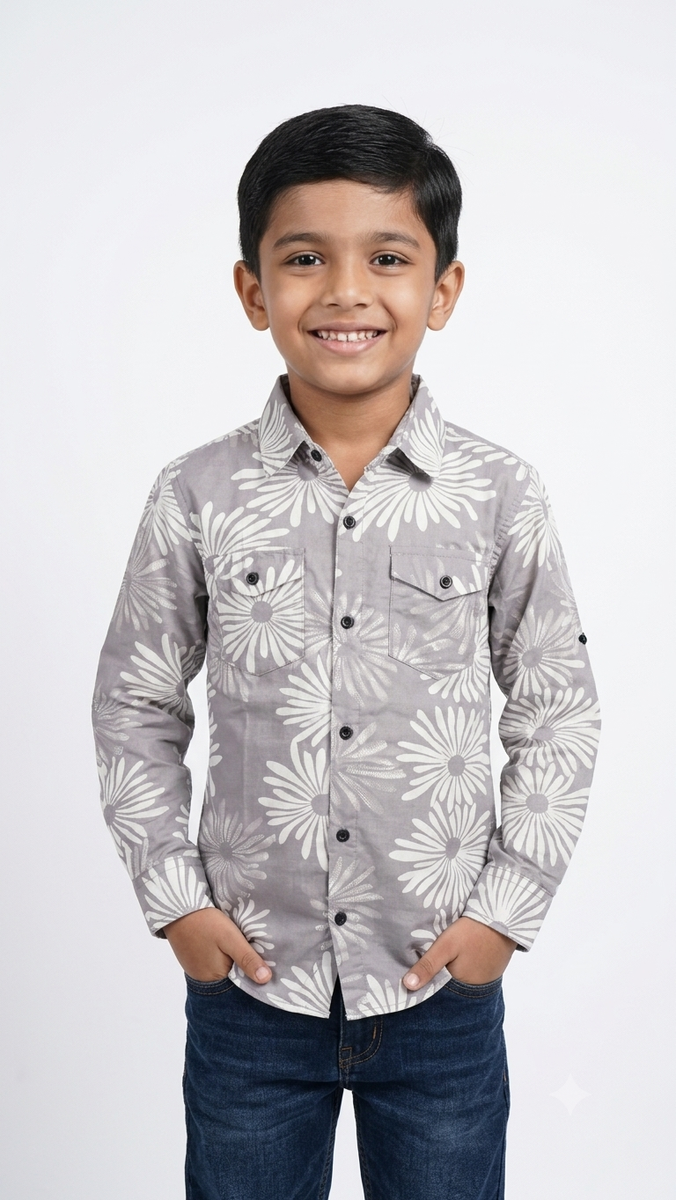 Grey Floral Printed Casual Shirt for Boys