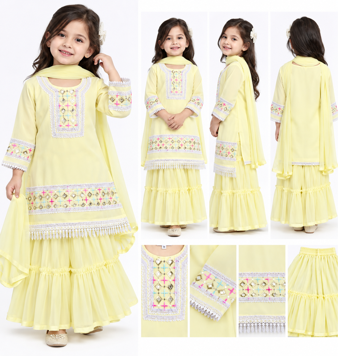 Girls Lemon Yellow Embroidered Kurta Sharara Set with Dupatta