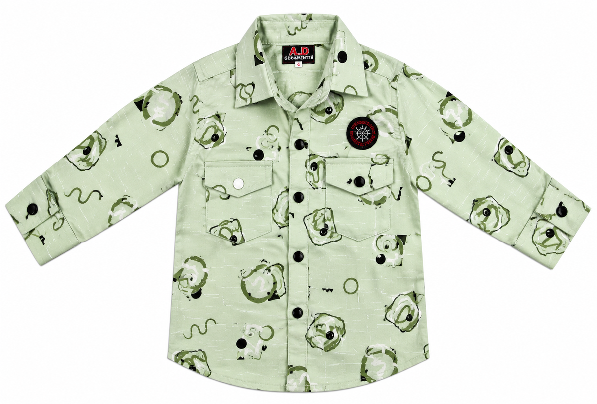 Boys Olive Green Printed Shirt with Black Shorts Set