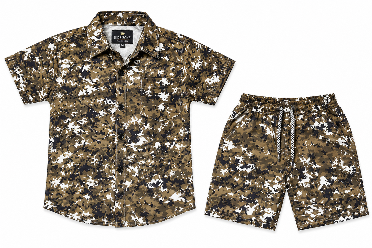 Boys Olive Green Camouflage Printed Shirt and Shorts Set