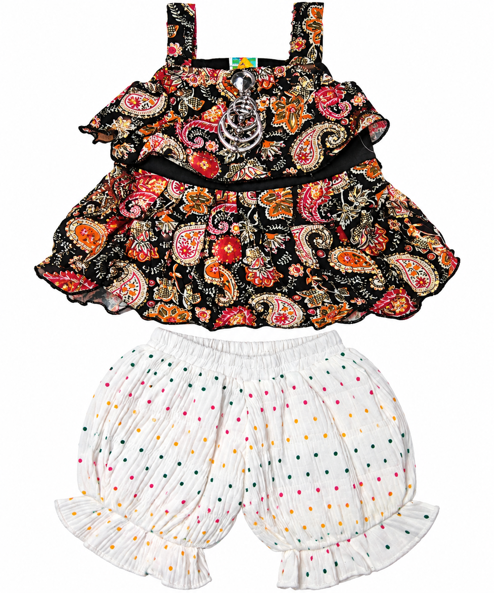 Girls Ethnic Print Peplum Top with Ruffled Bloomers Co-ord Set