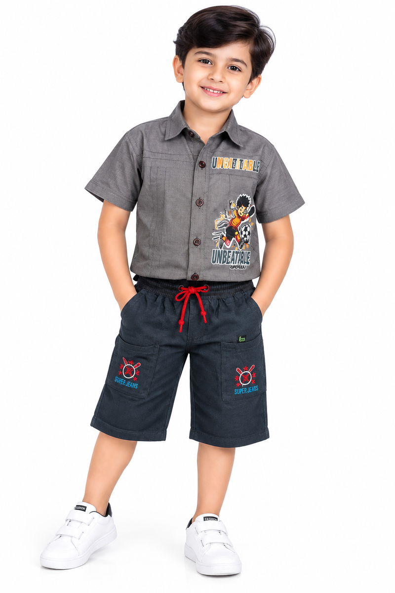 Boys Grey Casual Short Sleeve Shirt and Dark Grey Shorts Set