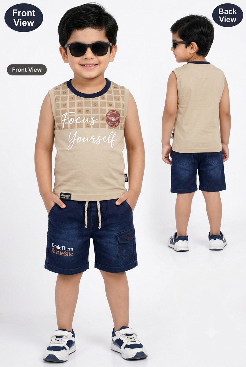 Boys Beige Printed T-Shirt with Denim Shorts Set