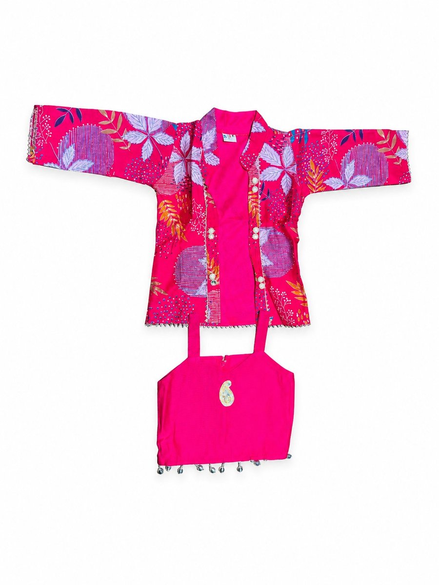 Girls Rani Pink Ethnic Dhoti Pants & Crop Top Set with Printed Jacket