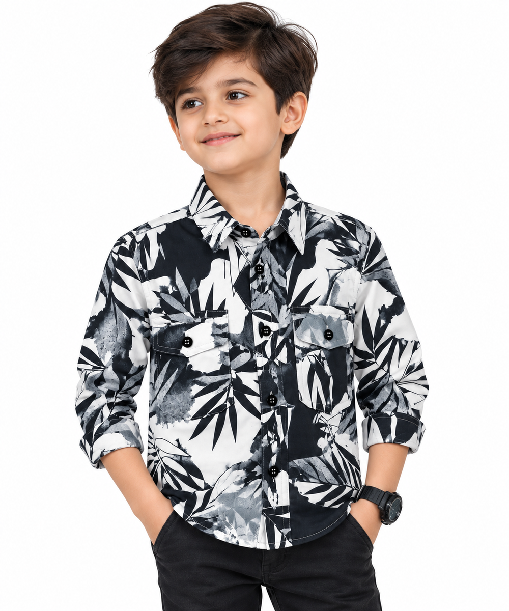Boys Black & White Foliage Print Casual Shirt
