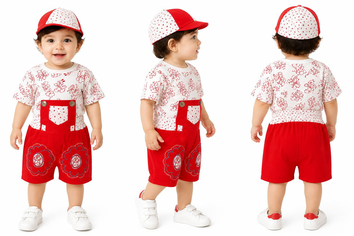 Red and White Printed Baby Dungaree Set with Cap