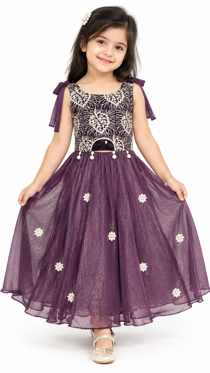 Purple Floral Embroidered Party Frock with Tie-Up Straps