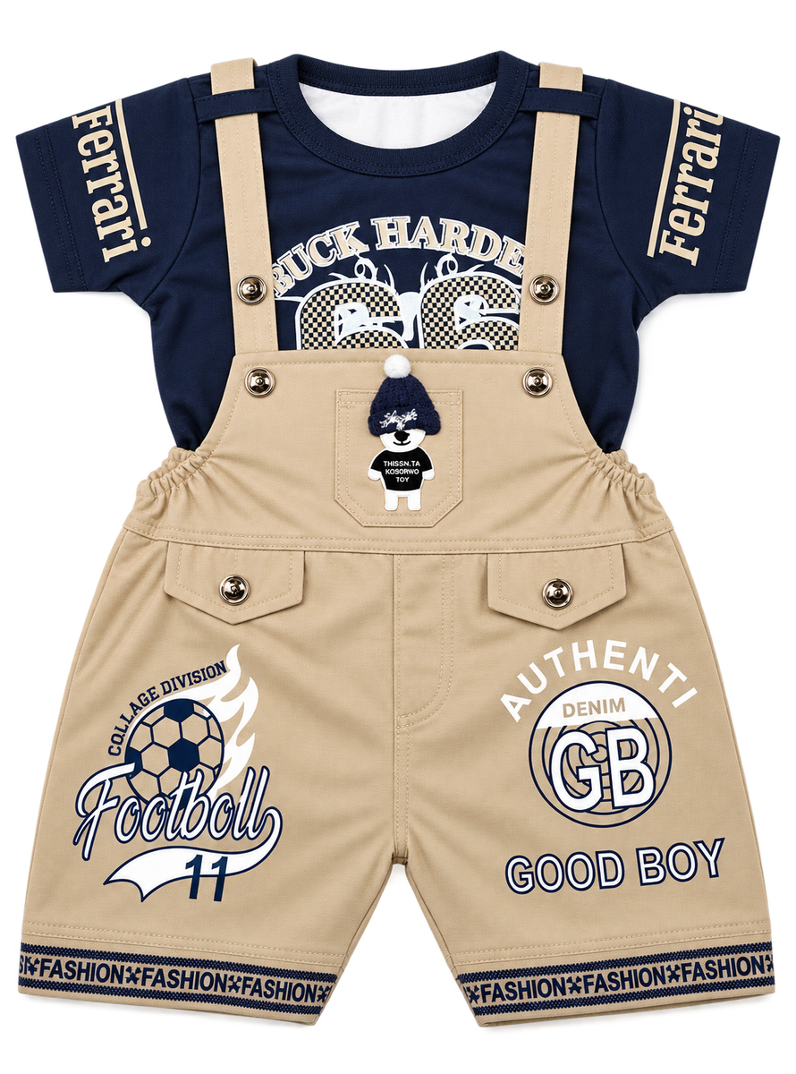 Boys Navy Blue T-Shirt with Beige Dungaree Shorts Set