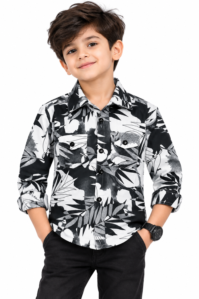 Boys Black & White Leaf Printed Casual Cotton Shirt