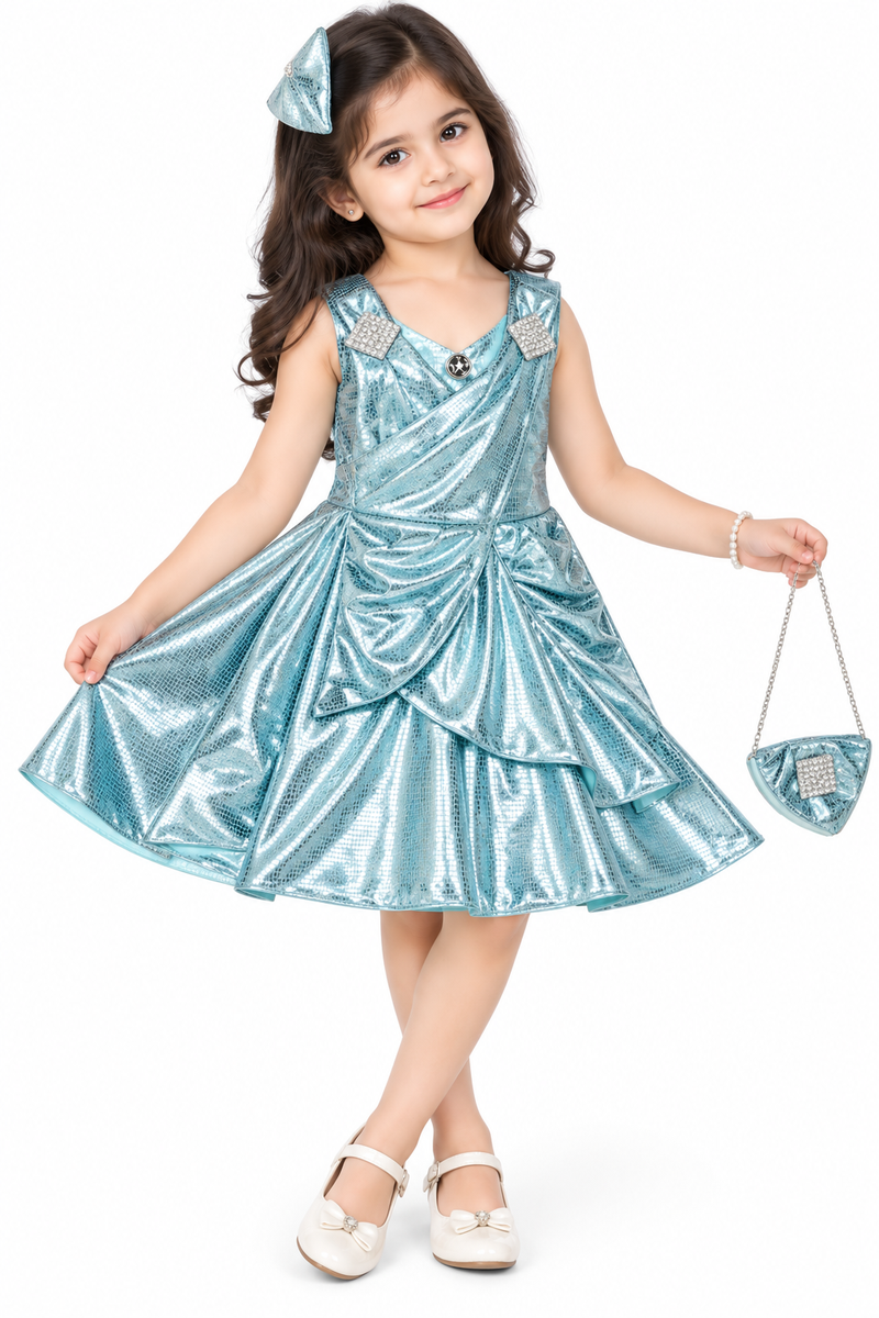 Glittering Blue Party Frock with Matching Bag and Hairband