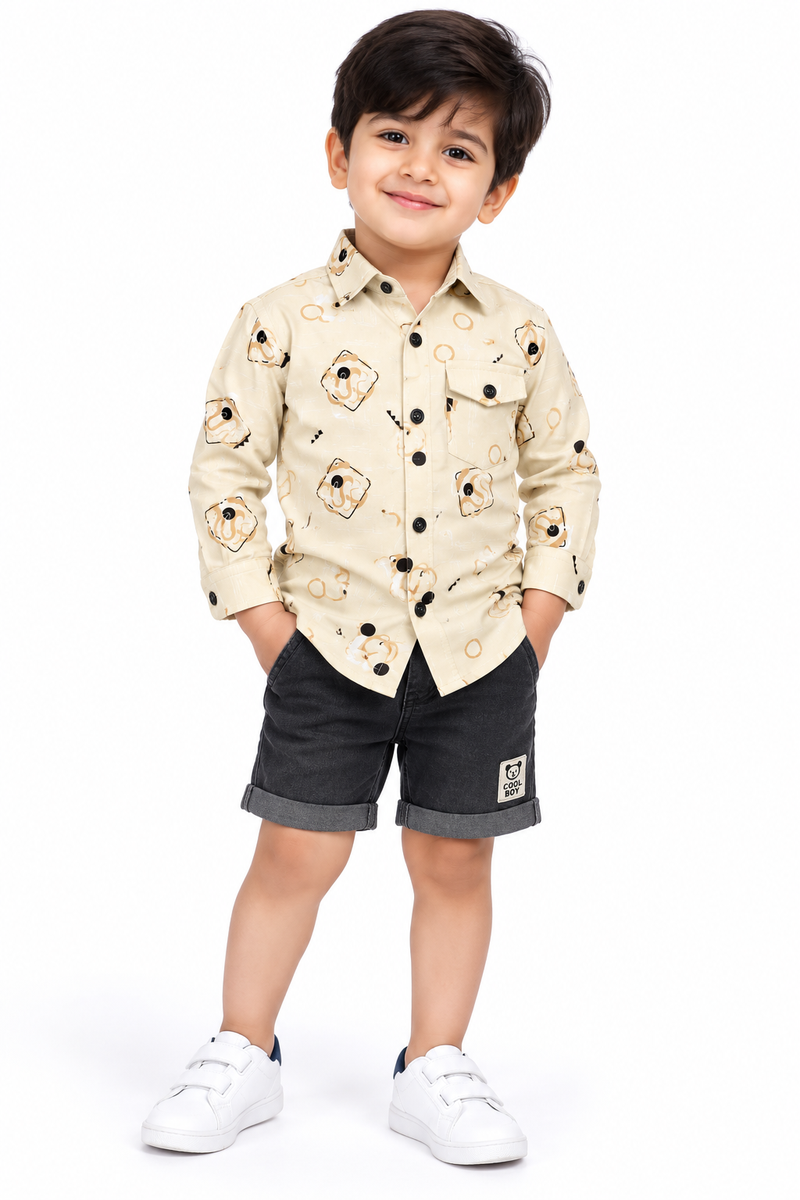 Boys Beige Printed Full Sleeve Casual Shirt