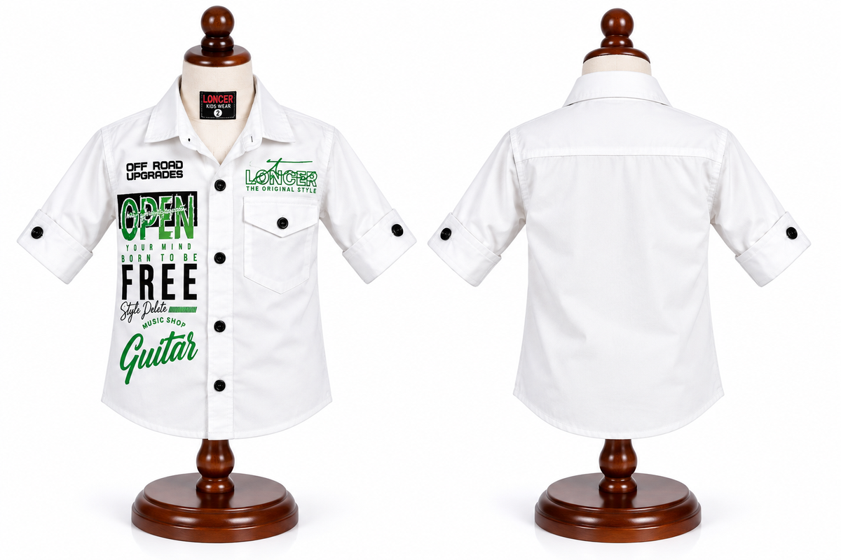 Boys White Printed Casual Shirt with Roll-Up Sleeves