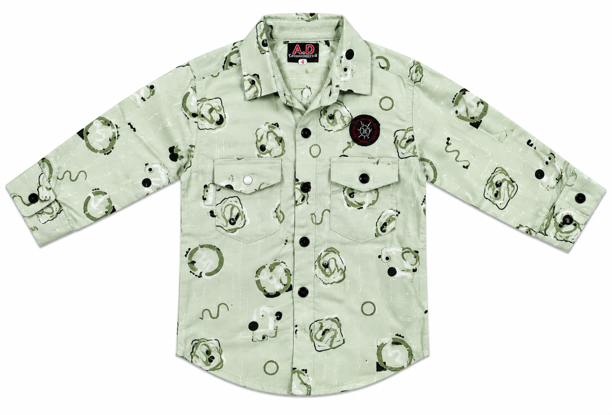 Boys Olive Printed Casual Shirt with Black Shorts Set