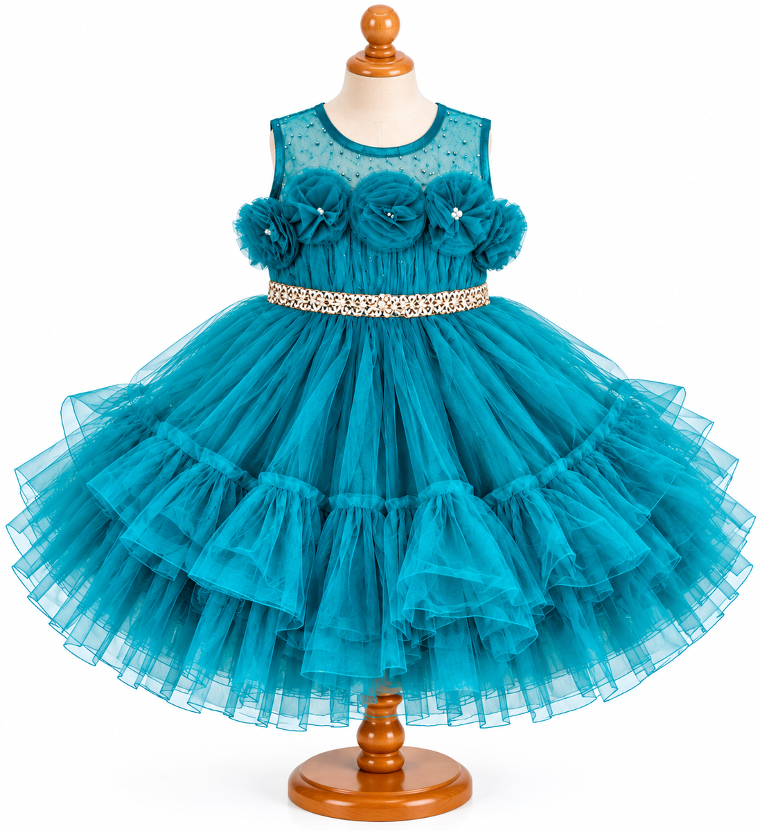 Teal Blue Floral Applique Tulle Party Frock — lifestyle