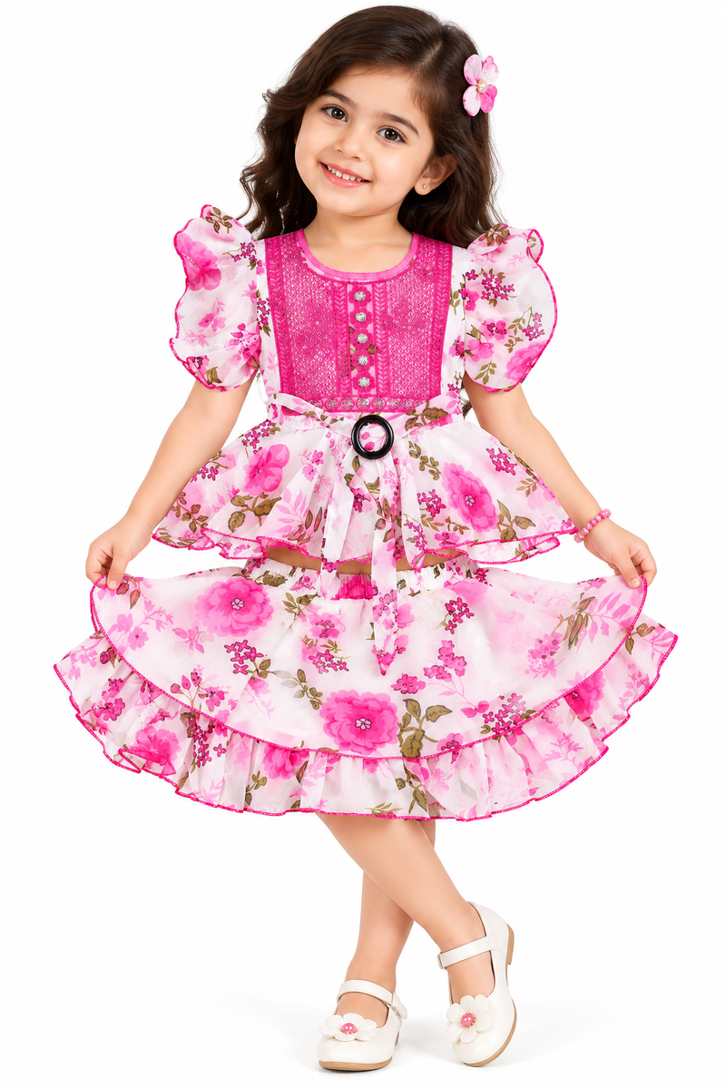 Pink Floral Printed Puff Sleeve Frock for Girls