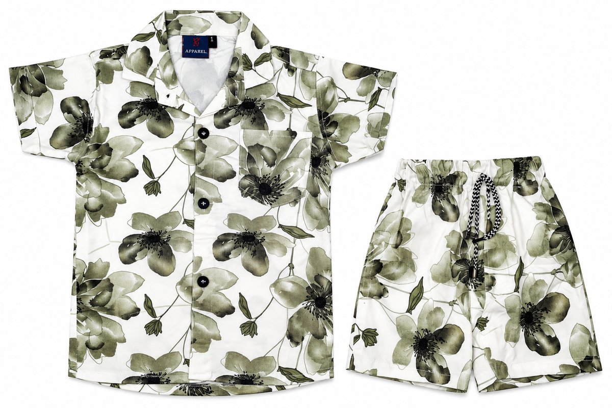 Boys Black and White Floral Print Shirt and Shorts Co-ord Set