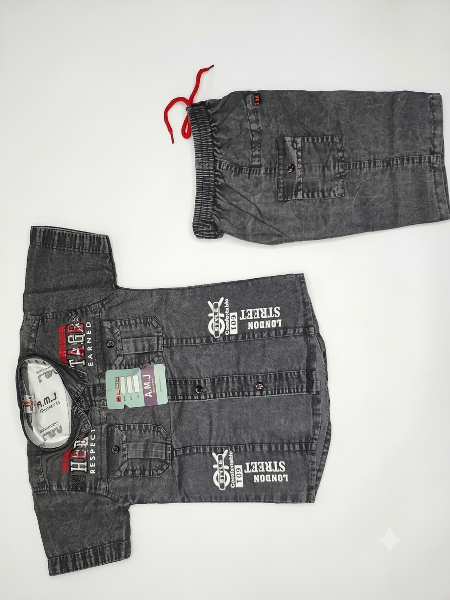 Boys Grey Denim Short Sleeve Shirt and Cargo Shorts Set
