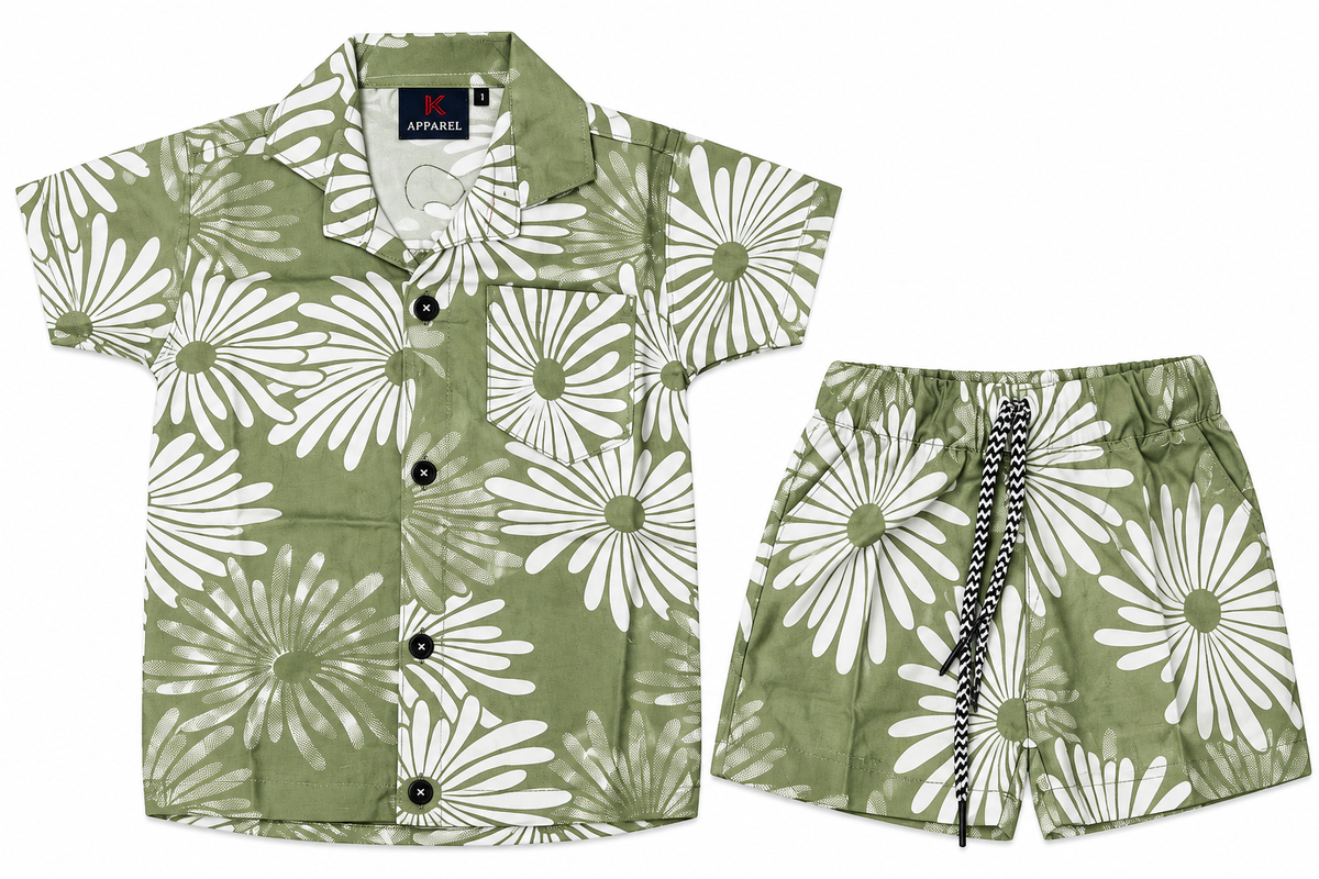 Boys Olive Green Floral Print Co-ord Set