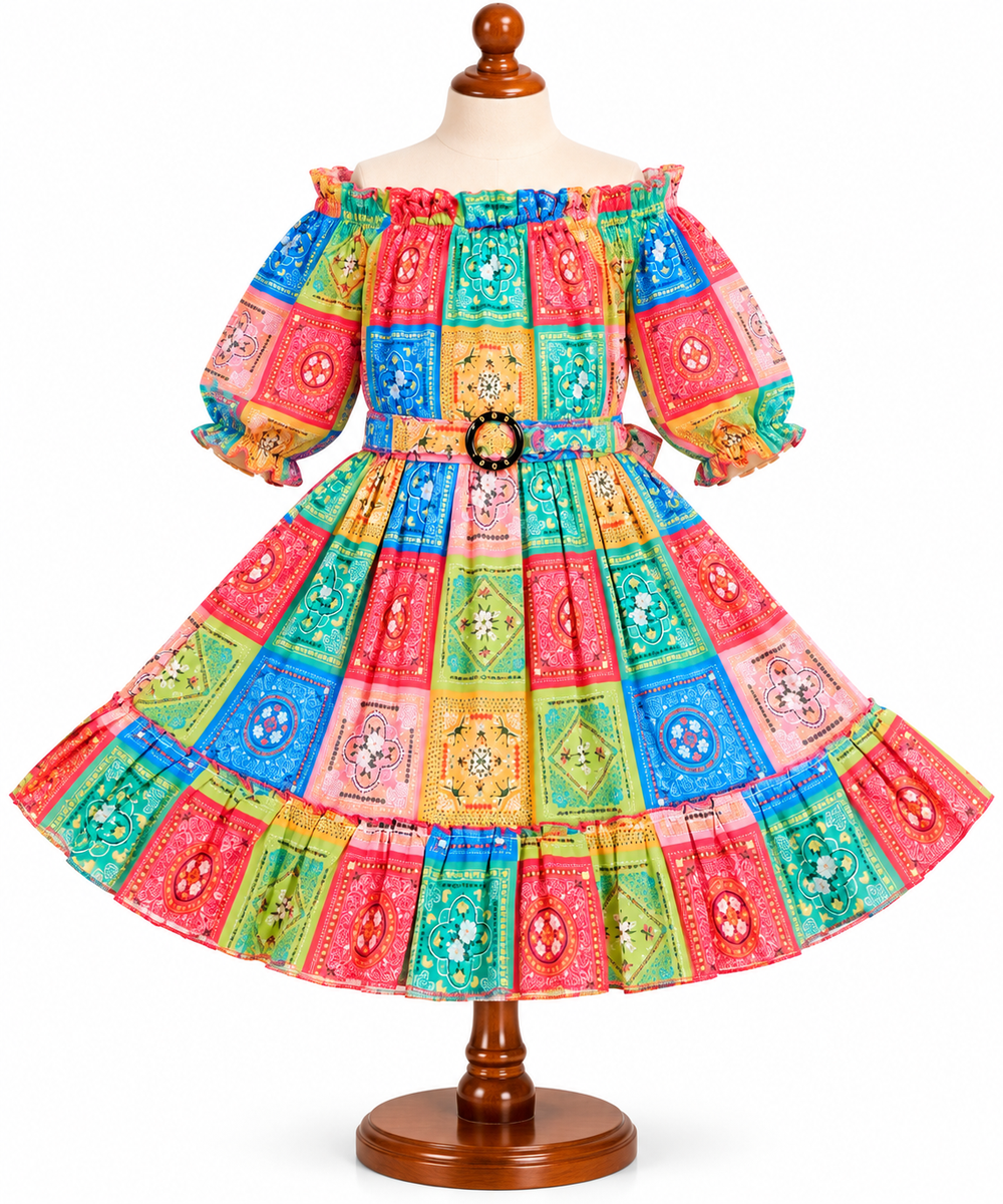 Multicolor Off-Shoulder Printed Frock with Belt — lifestyle