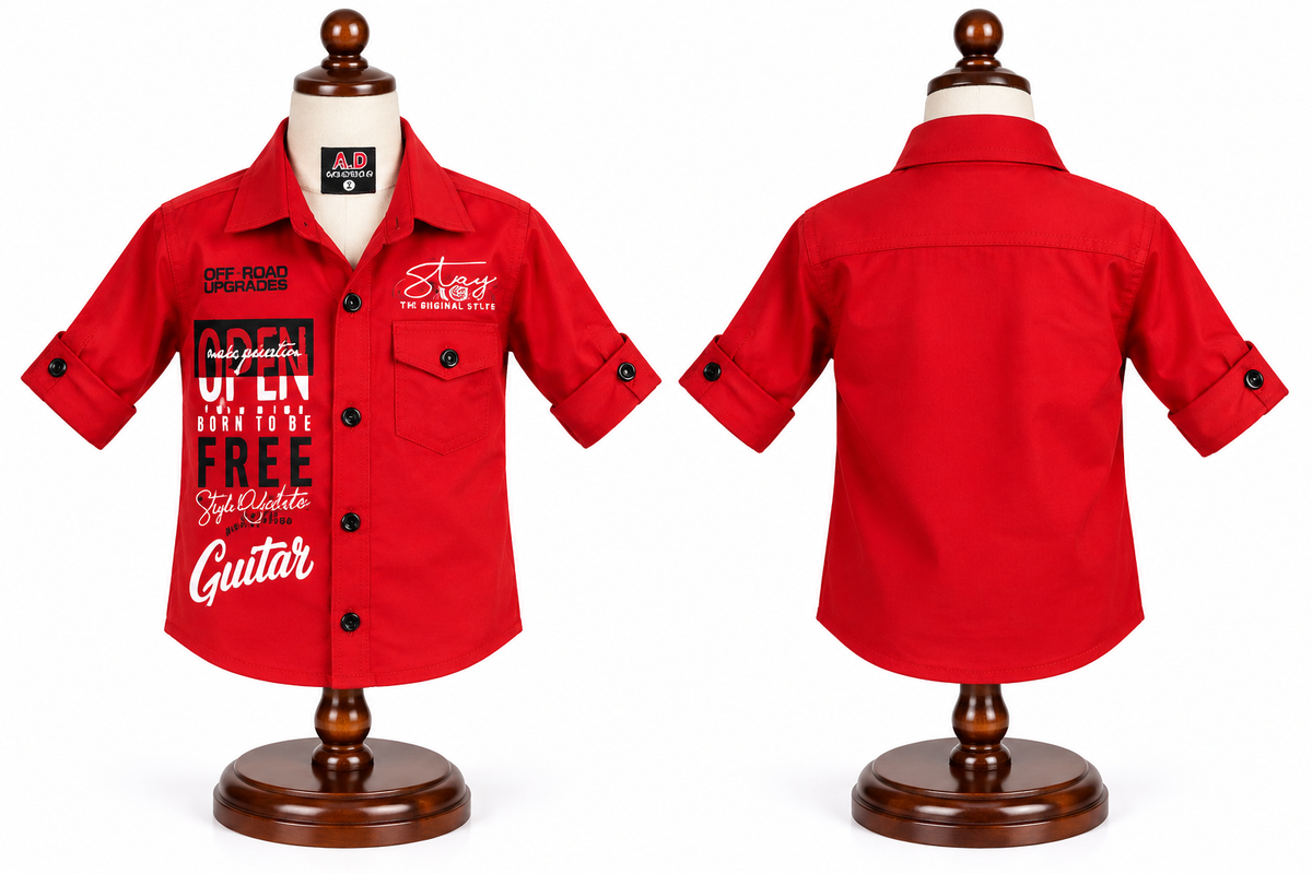 Boys Vibrant Red Graphic Print Casual Shirt with Roll-Up Sleeves