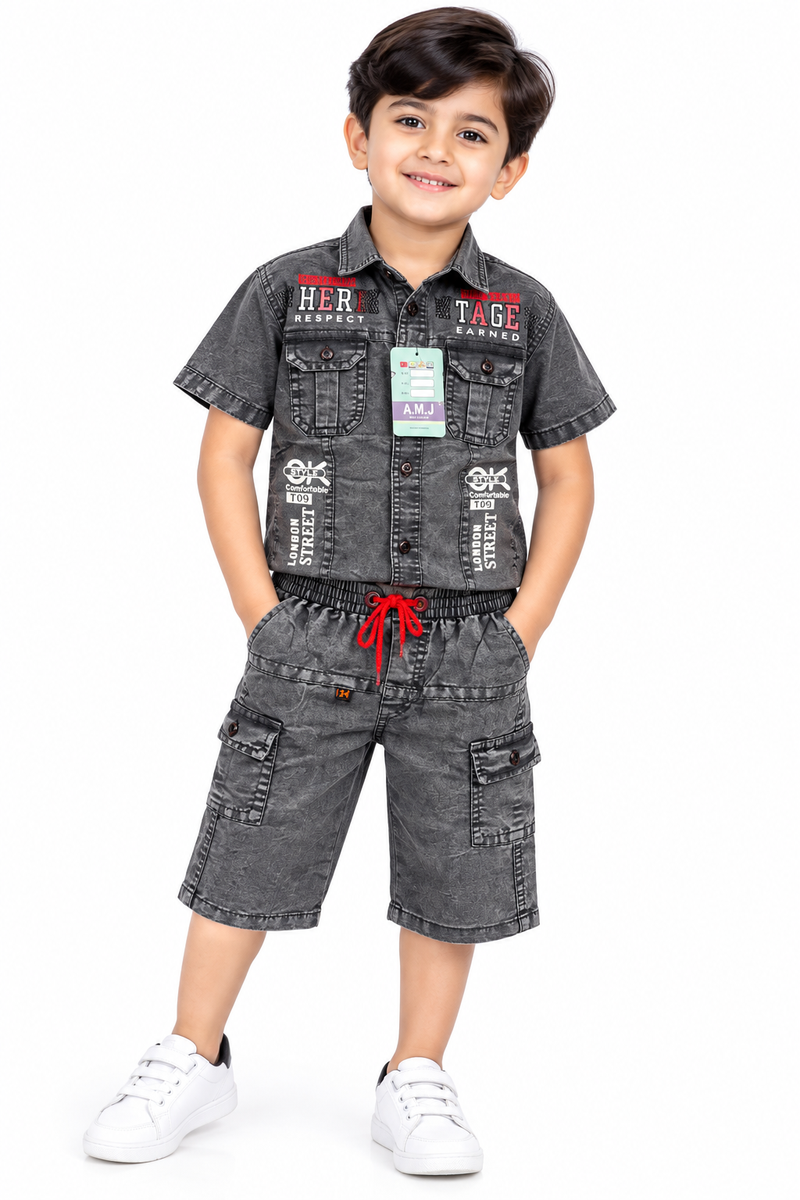 Boys Grey Denim Short Sleeve Shirt and Cargo Shorts Set