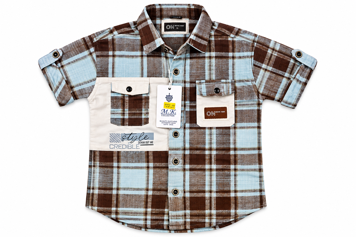 Boys Sky Blue & Brown Plaid Casual Short Sleeve Shirt