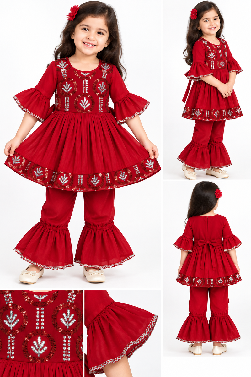 Festive Red Sequins Kurta with Sharara Set for Girls