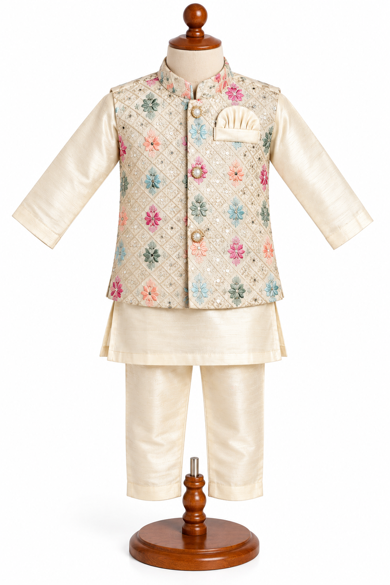 Boys Beige Silk Blend Kurta with Nehru Jacket Set — lifestyle