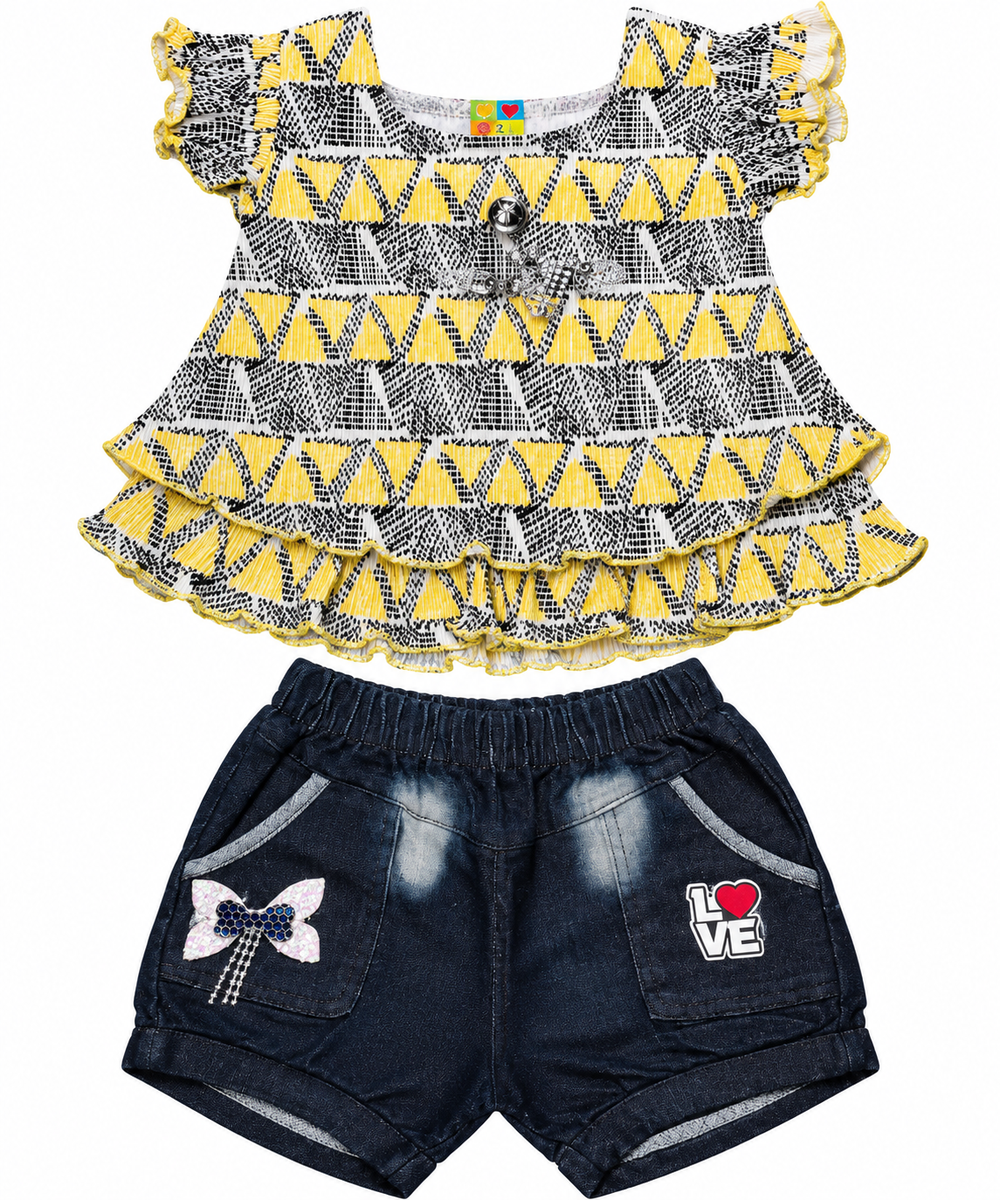 Yellow and Black Geometric Ruffle Top with Denim Shorts Set