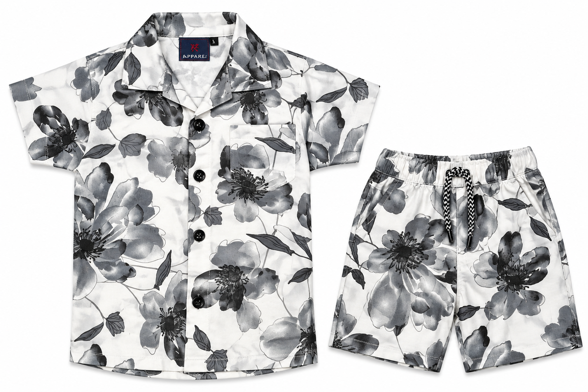 Boys Black and White Floral Print Shirt and Shorts Co-ord Set