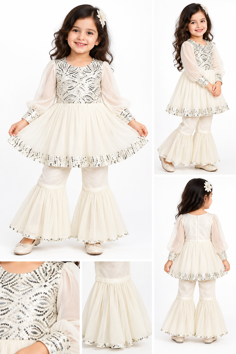 Ivory Sequin Embellished Peplum Kurti with Sharara Set