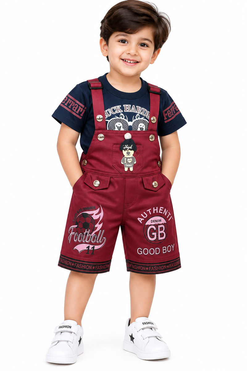Boys Maroon Dungaree Set with Navy T-Shirt