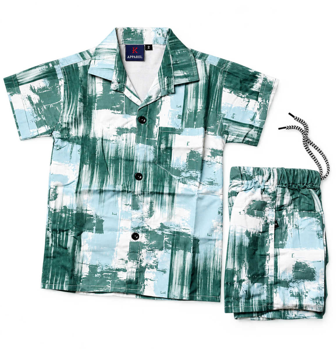 Boys Green Abstract Printed Shirt and Shorts Set