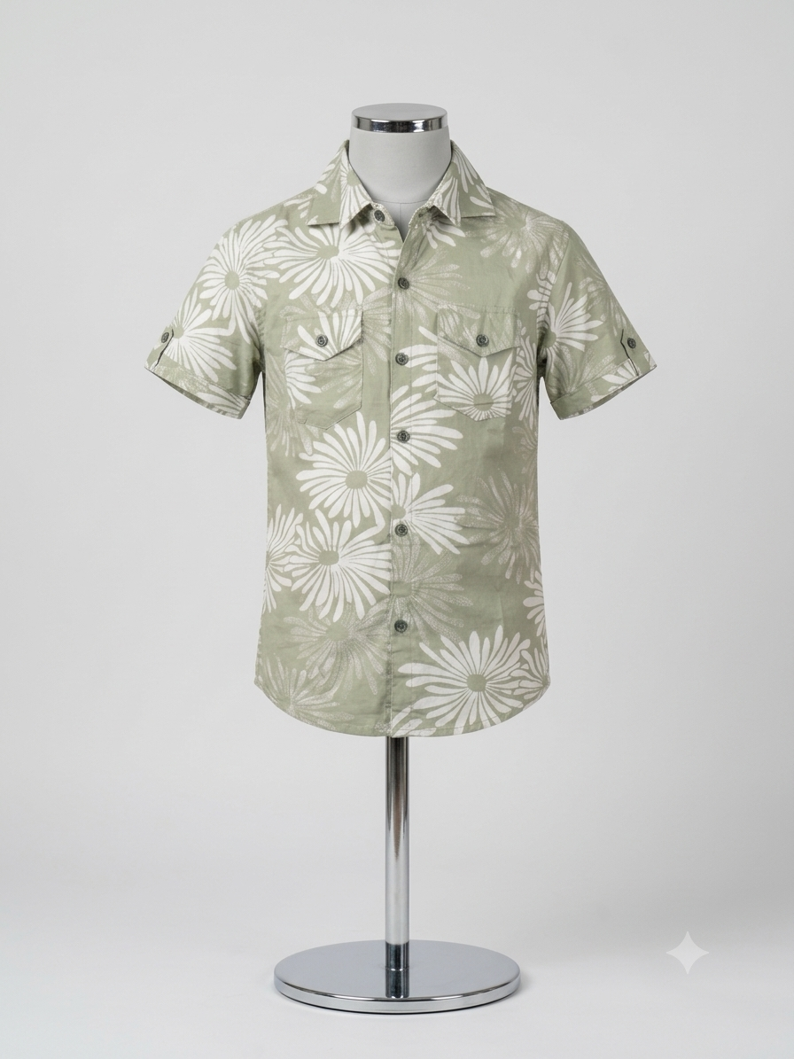 Sage Green Floral Printed Casual Cotton Shirt for Boys