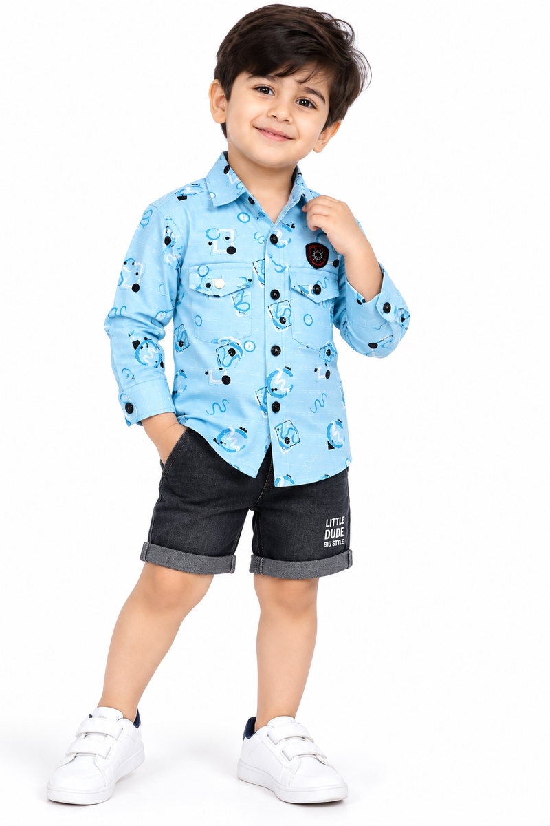 Boys Blue Printed Casual Shirt with Denim Shorts Set